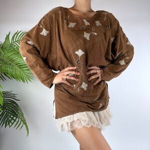 Vintage 90s Grunge Brown Floral Western Leather Cuir Mercedes & Adrienne Blouse